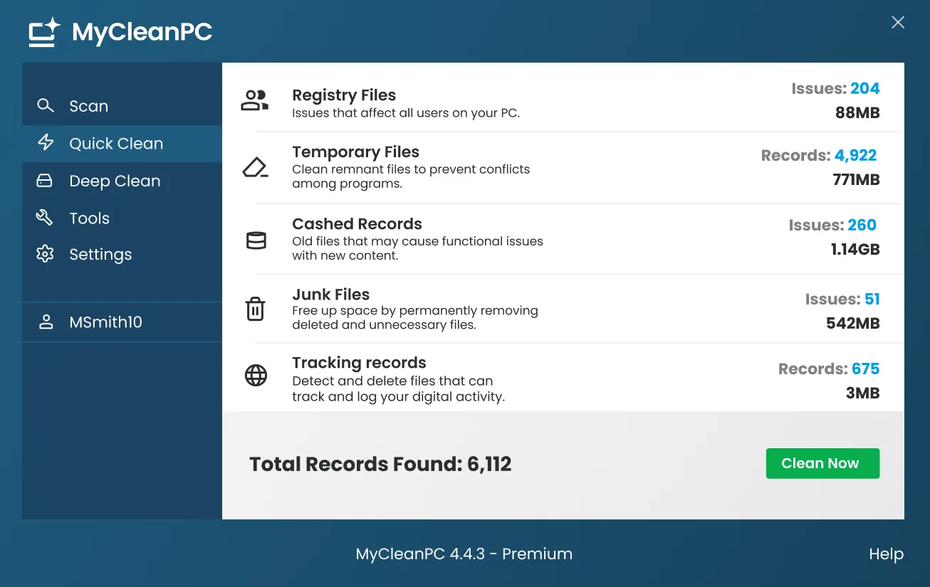 MyCleanPC app interface showing scan results